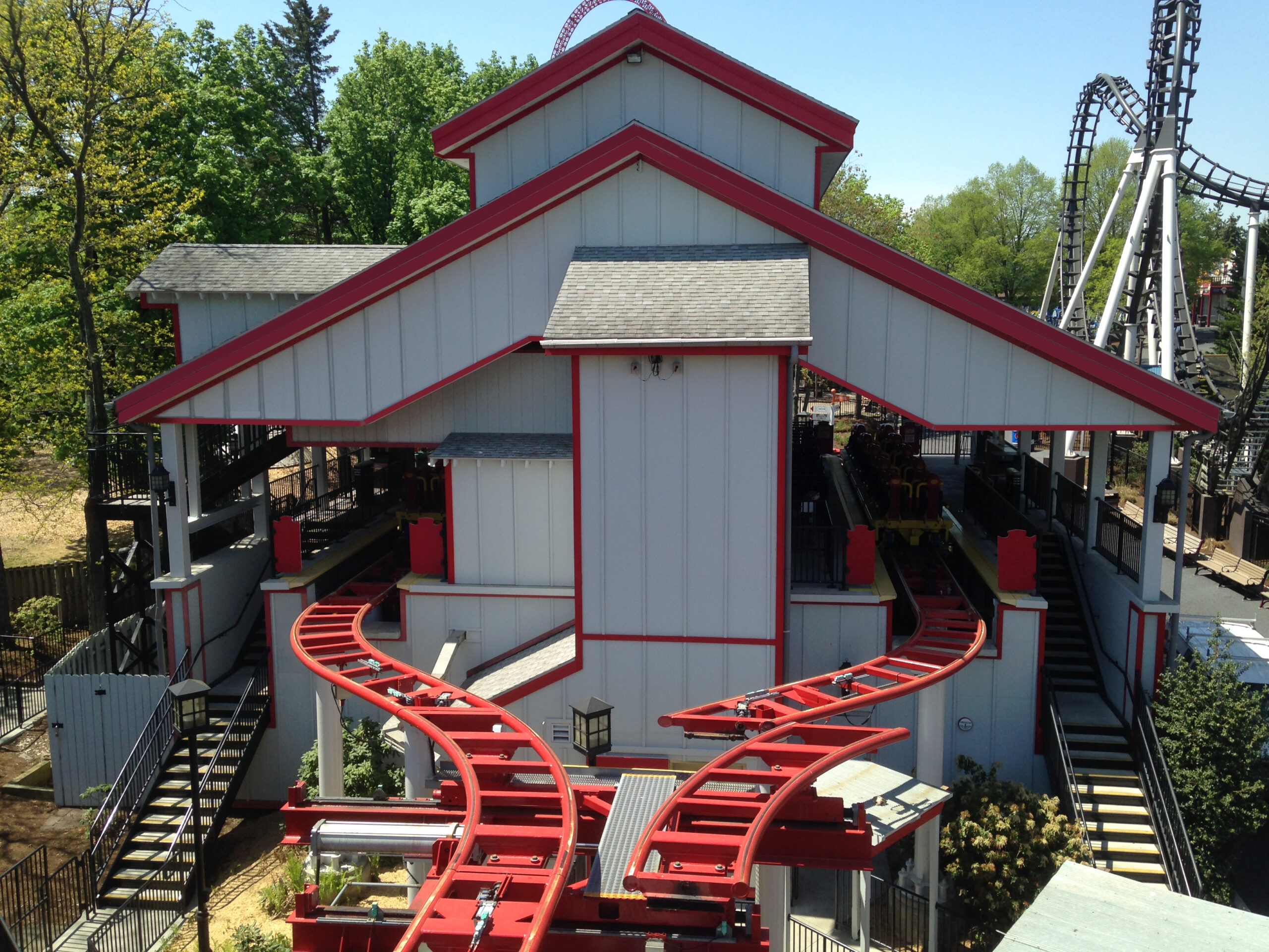 Coated T1-11 siding and contrasting trim at an amusement park