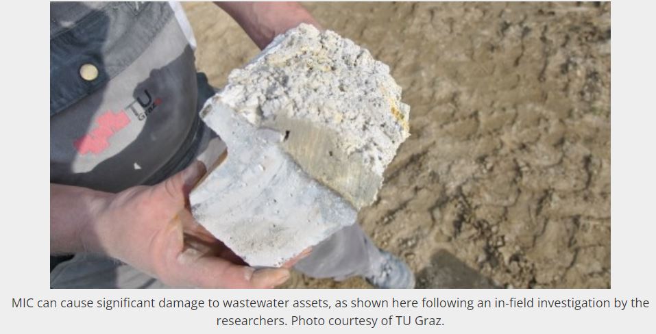 Illustration of microbiologically influenced sulfuric acid attack on wastewater concrete