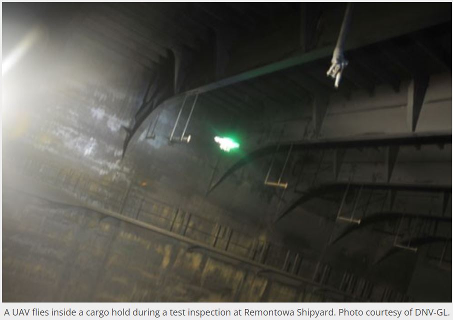 Interior structural surfaces of a cargo tank evaluated during drone-assisted inspection