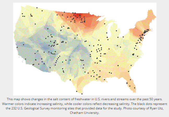 Map and data illustrating freshwater salinization and alkalinization trends across U.S. waterways