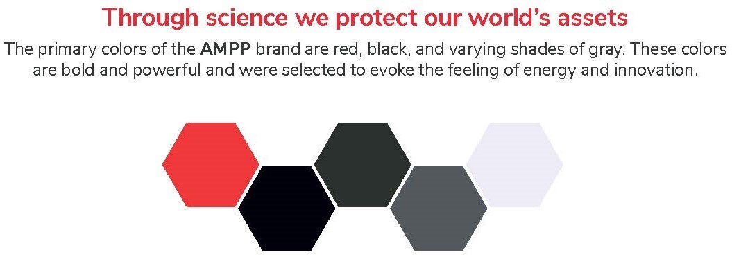 Graphic explaining the red, black, and gray colors used in the AMPP brand