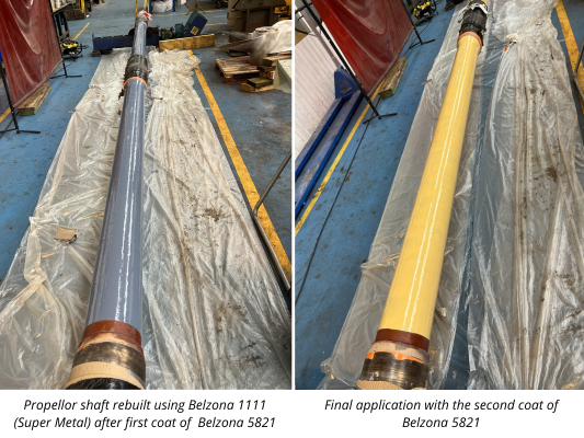 Belem propeller shaft during composite repair and protective coating application